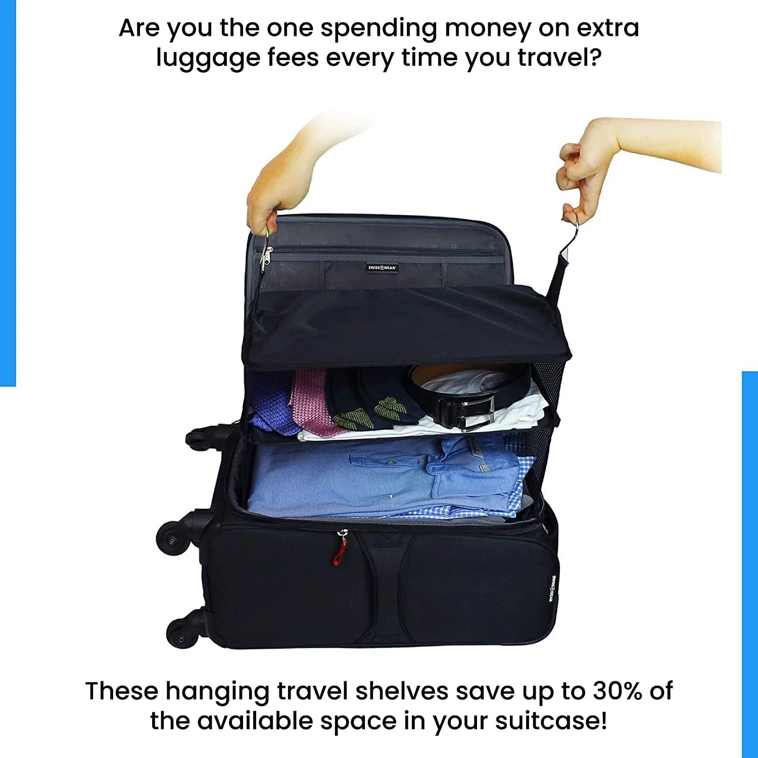 1 Piece Portable Hanging Travel Shelf, 20×17.7inch Luggage Packing Organiser, Large Travel Essentials (Black)