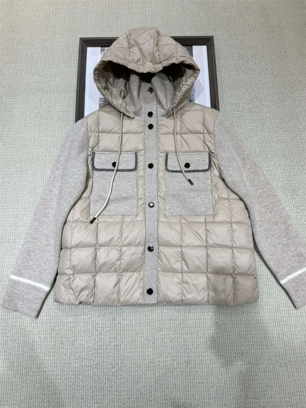 24 B*C Hooded Spliced Down Jacket Female Kniting Parka Long Sleeves winter Warm Coat