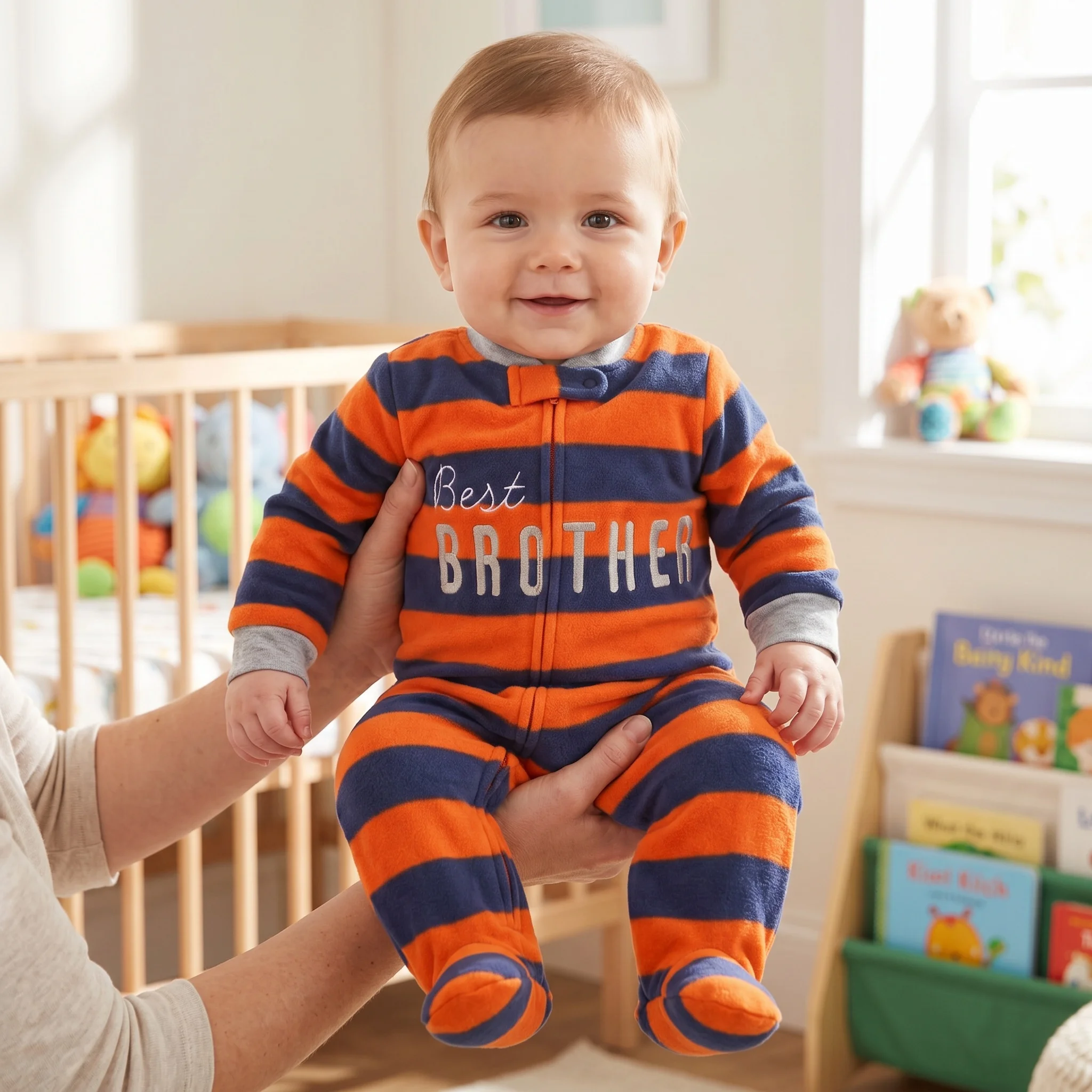 Striped Letter&Cartoon Embroidery Color Block Sleeve Polar Fleece Zipper Baby Footed Romper Warm Loungewear for Boys Fall Winter