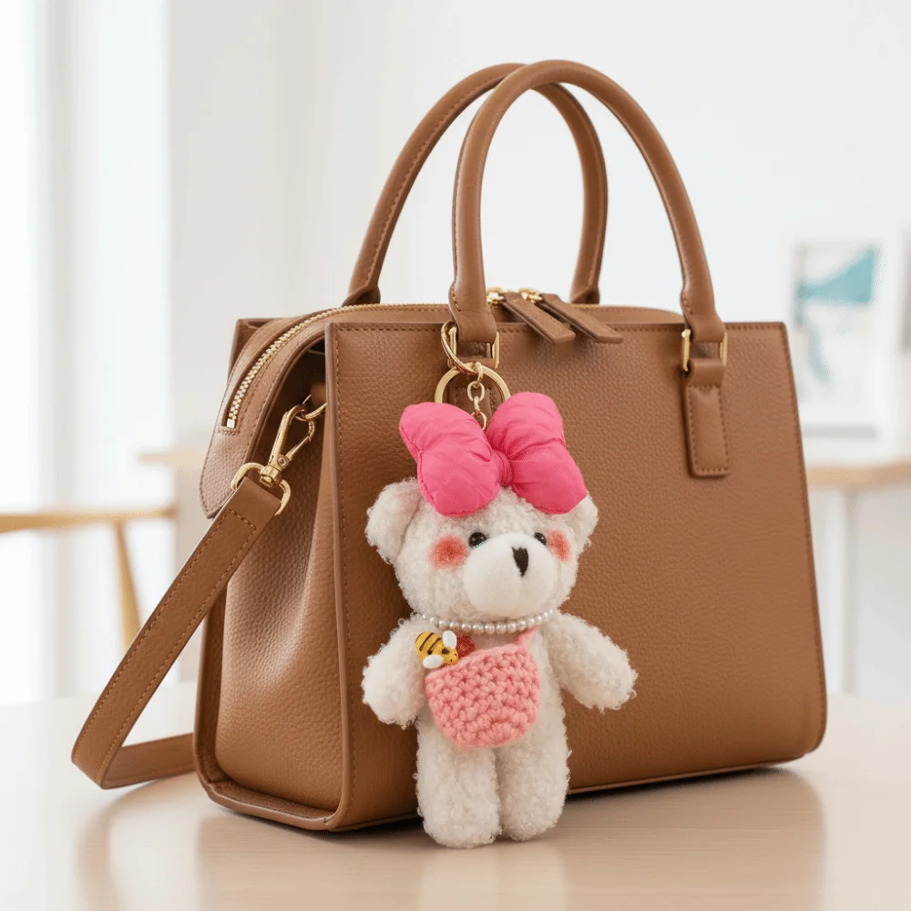 Cute Furry Bowknot Bear Keychain Bag Accessories Kawaii Bear Pendant 12cm Ornaments Soft Bear Gift