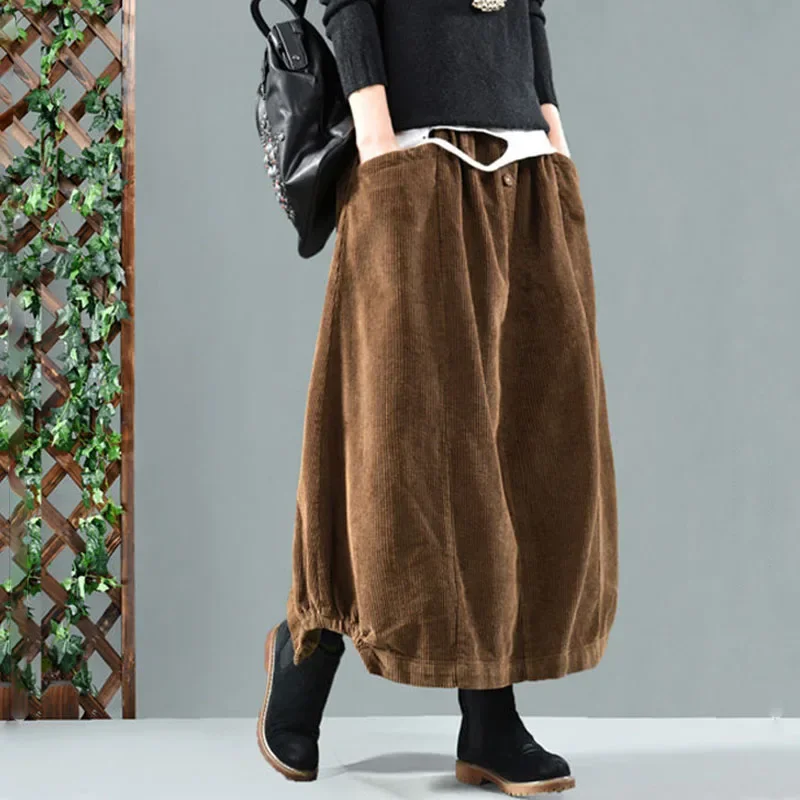 

2023 Autumn Winter Corduroy Skirt Women Vintage Brown Big Size Loose Midi Skirt Female Elastic Waist A-line Long Skirts