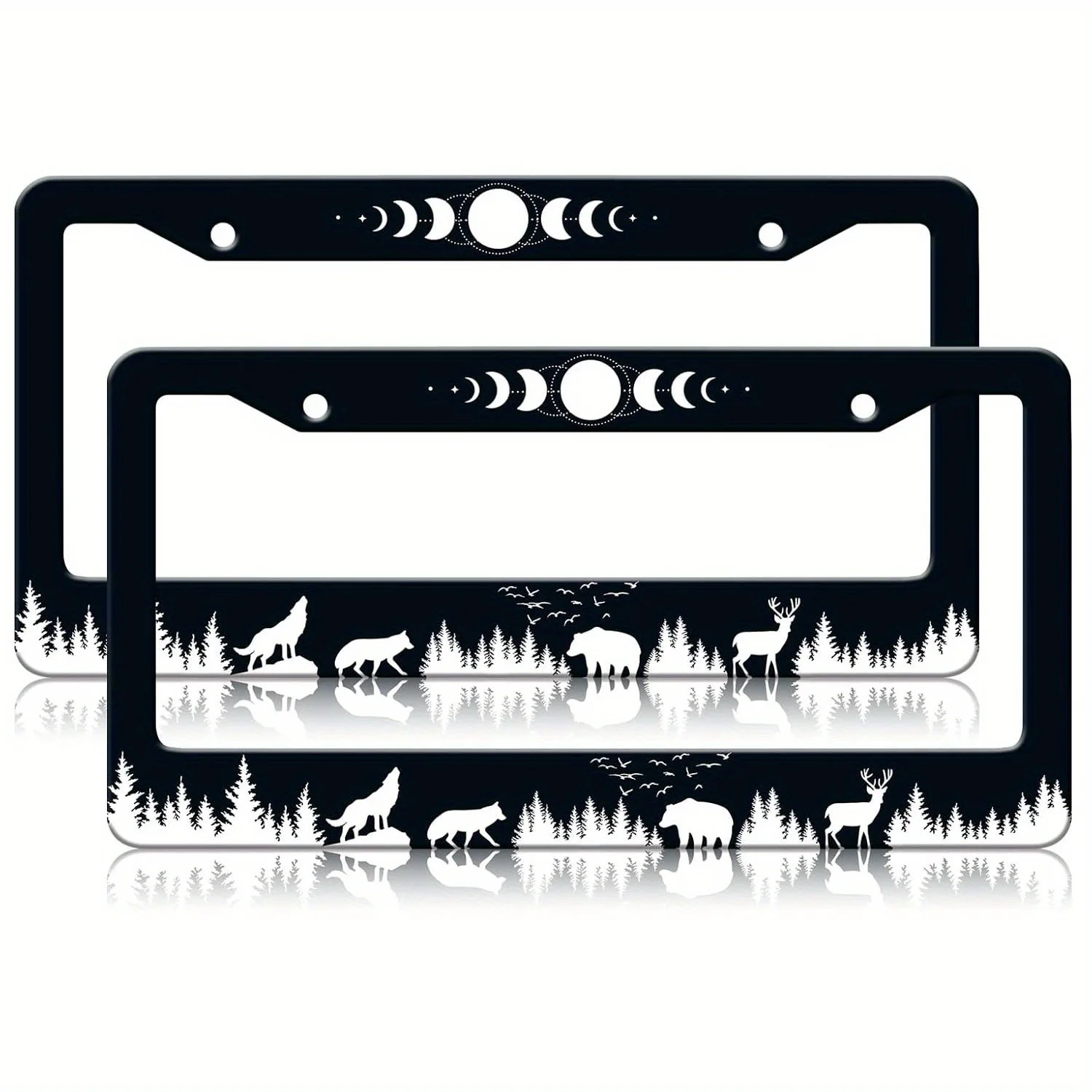 2pcs Moon Phase License Plate Frame Rust-Proof Stainless Steel Wolf Bear Deer Design with Screw Caps Fits Standard US