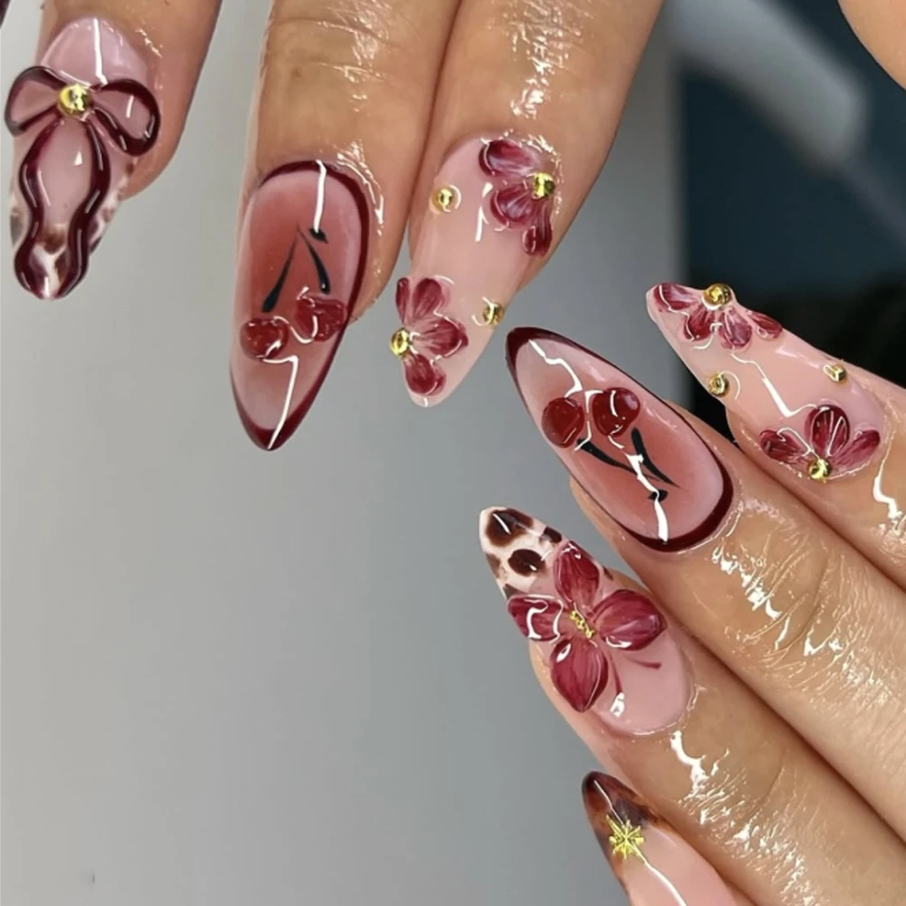 

Vintage 3D Flowers Cherry Butterfly Bowknot Brown Halo Dyeing French False Nails Detachable Finished Fake Nails Press on Nails
