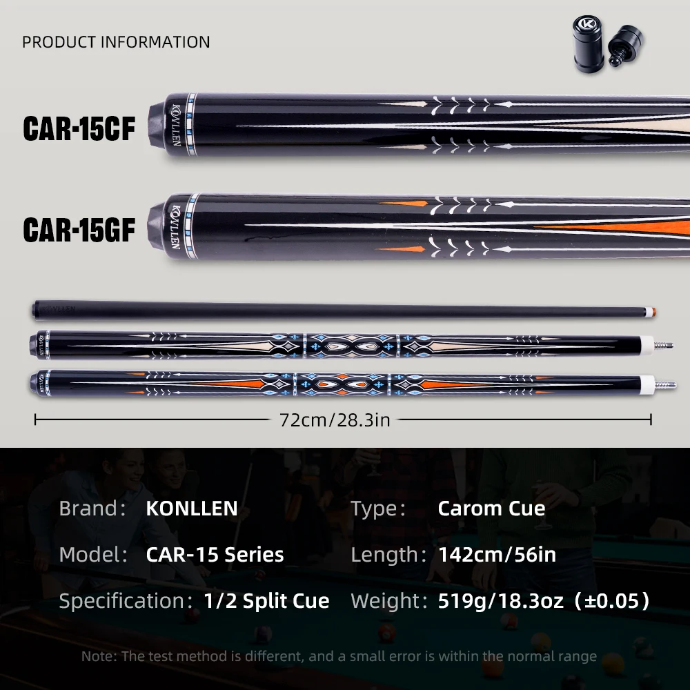 KONLLEN Professional Carom Cue Carbon Fiber shaft 12mm Tip18.3oz 56 Inch 1/2 Split 3*8/8 Radial Pin Joint 3 Cushion Billiard Cue