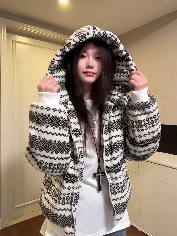 

Thickened Cotton Jacket Hooded Unisex Winter Coat American Lazy Loose Style Youth Fashion Warm Long Sleeve Zipper Closure Coat