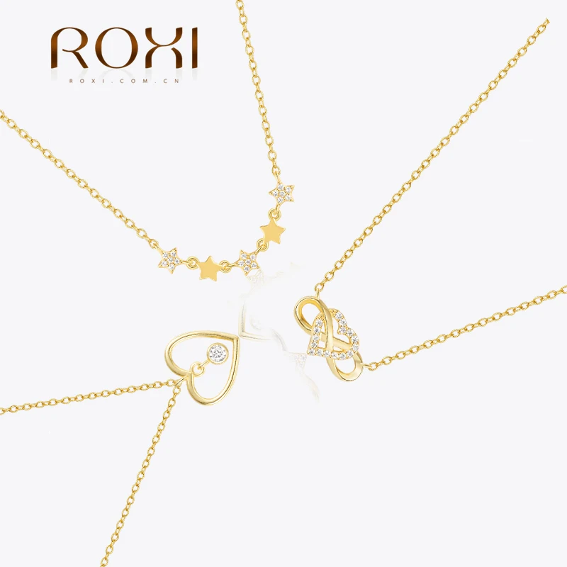 

ROXI 925 Sterling Silver Luxury Star/Heart/Infinite Pendant Necklace For Women 18K Gold Clavicle Chain Wedding Party Jewelry