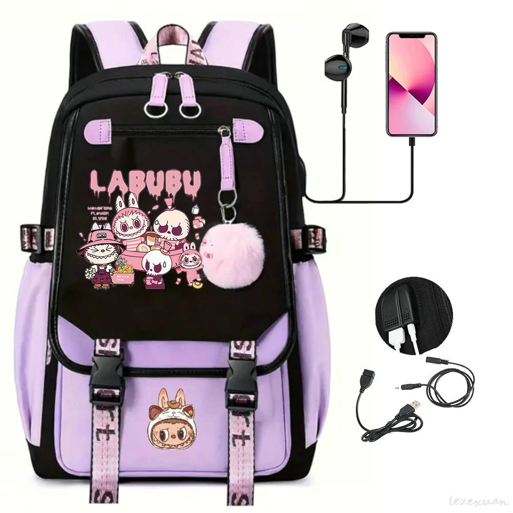 New Fashion LABUBU Backpack for Girls Boys Teenager Children Rucksack Men Women Casual School Bags USB Charging Backpacks