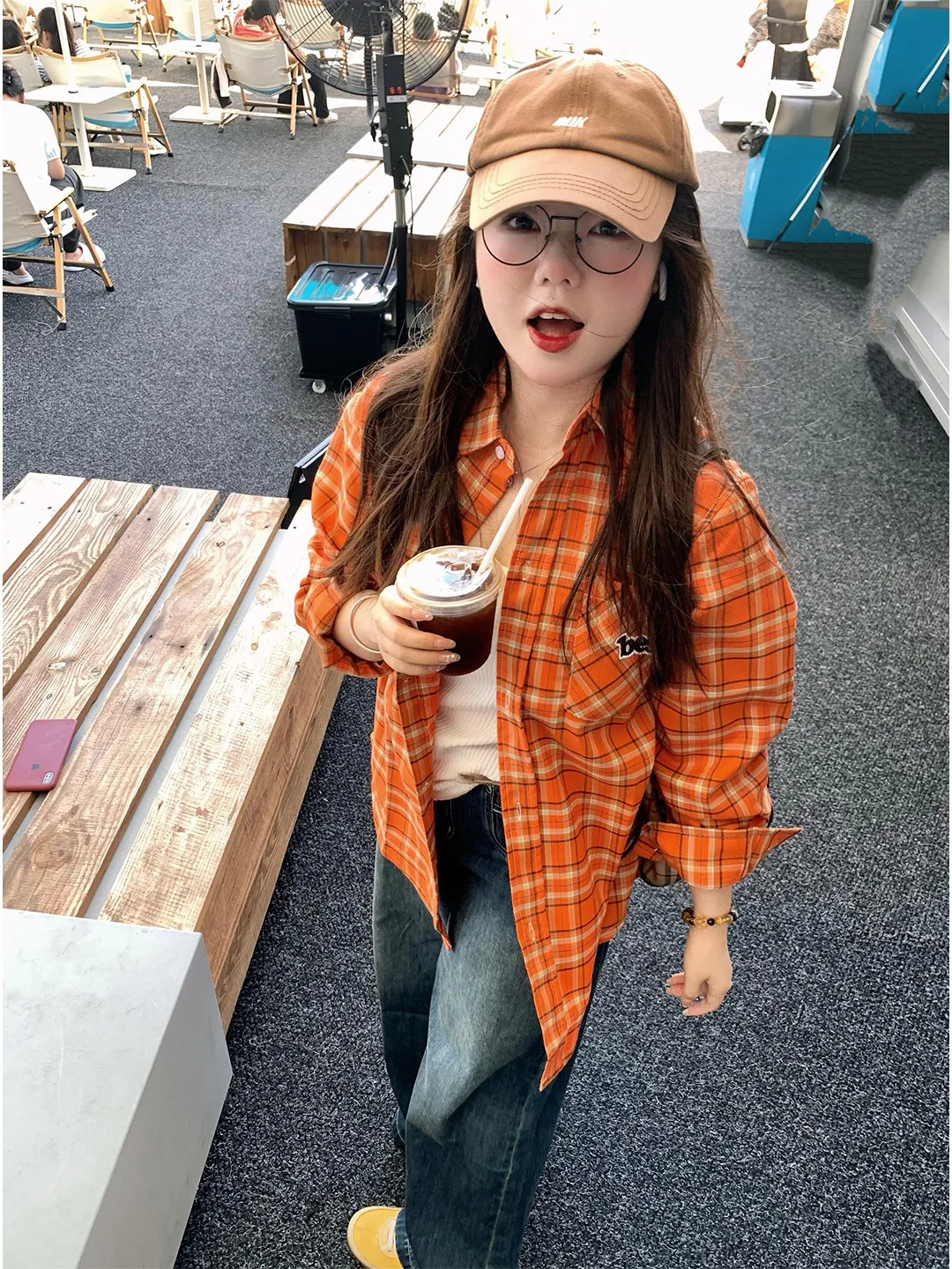 

Besober Orange Embroidered Plaid irt Women's Loose Sle id Pattern American Retro Layered Top Casual Loose Fit irt