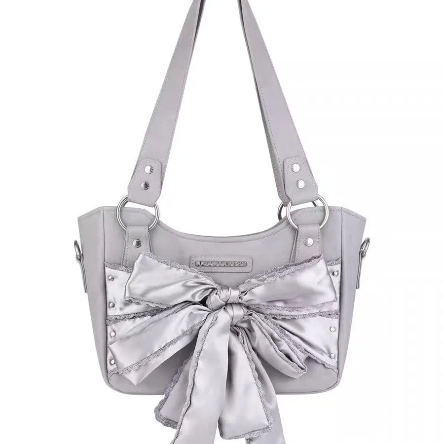 Black Bow Shoulder Bag, Studded PU Leather Hobo Purse for Women, Satin Ribbon Single Shoulder Tote Handbag