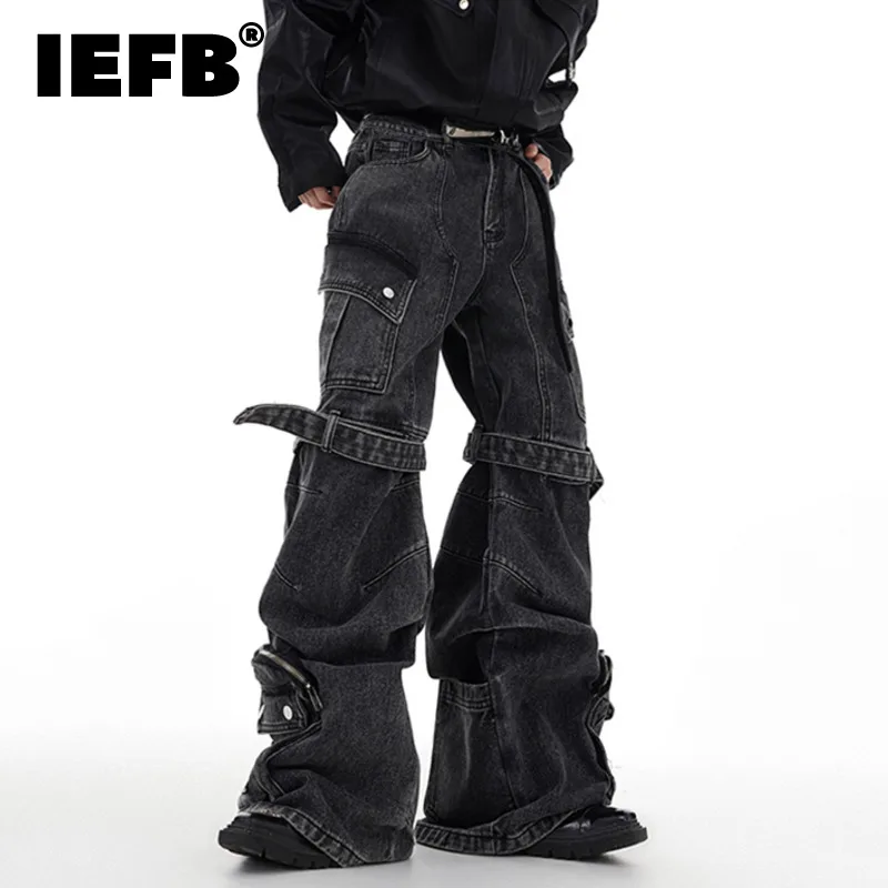 

IEFB Multi-pocket Jeans Three-dimensional Lace-up Design Wide-leg Overalls 2024 Autumn Streetwear Black-grey Denim Pants 24X1350