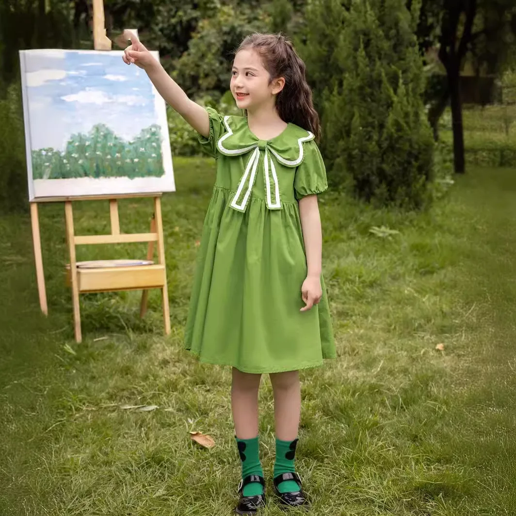 2024 Europ Summer Kids girls green forest loose chemise puff sleeve Dresses A-LINE striped Princess Children teens 4 13 Years