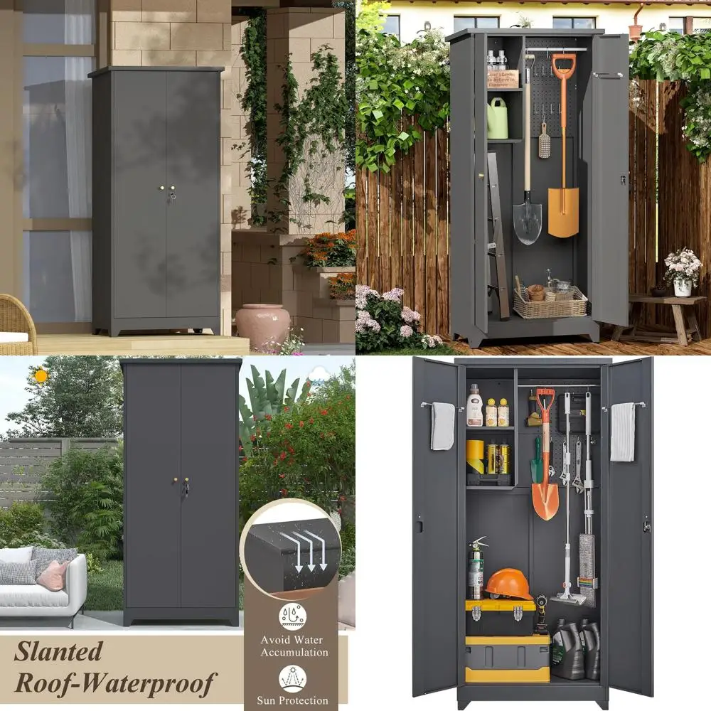 

Серый всепогодный уличный шкаф для хранения чистящих средств со скошенной крышей