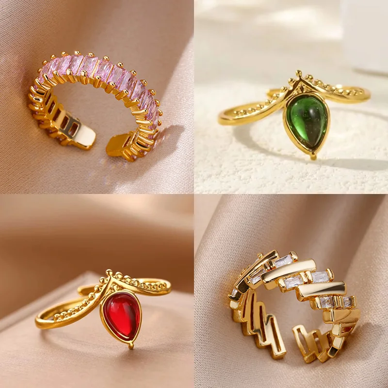 Zirkon Grün Wasser Tropfen Ringe Für Frauen Gold Farbe Edelstahl Geometrische Einstellbare Ring Ästhetischen Hochzeit Schmuck Geschenk