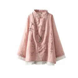 Spring Autumn New Stand Collar Long Sleeve Fashion Shirt Women Pure Cotton Embroidered Patchwork Pullovers Elegant Button Tops