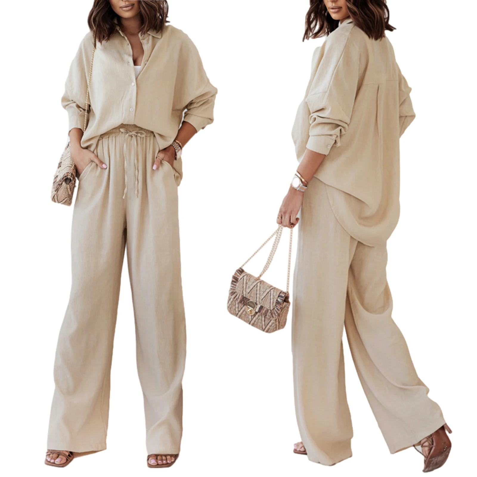 Women Spring 2 Pieces Outfits, Solid Color Turn-Down Collar Long Sleeve Shirts + Wide-Leg Loose Long Pants Set