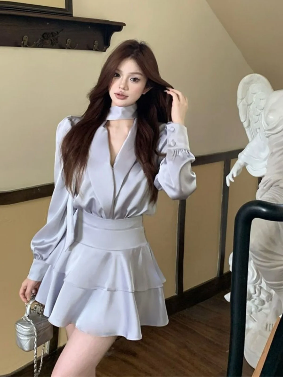 

Blue V-Neck Shirt And A-Line Skirt Set Women's Fashion Spring 2025 Two-Piece Suit Elegant Ladylike Style Long Sleeve