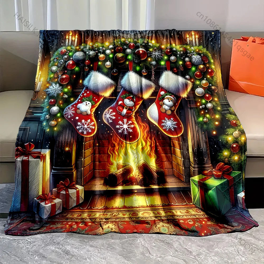 Christmas Stockings Above The Fireplace Pattern Blanket Flannel Material Soft Warm for All Seasons For Home Camping Picnics RV