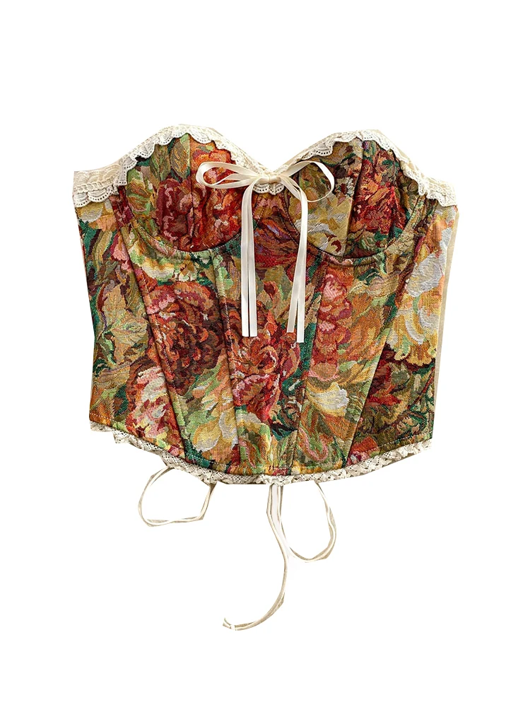 Top Corto con Encaje Dulce para Mujer, Top sin Mangas con Bordado Intenso, Patrón de Pintura al Óleo, Sexy, con Cinturón de L...