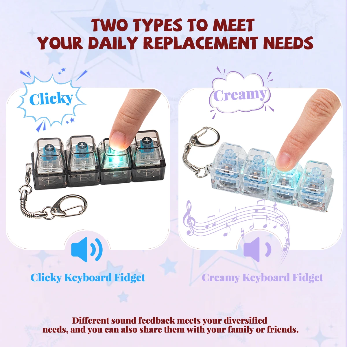 4 Keys Transparent Keyboard Fidget Toys for Adults Keyboard Clicker with LED Light Keychain Fidget for Anxiety Decompression