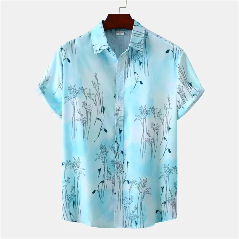 Hot Sale Art Flower Leaves Hawaiian Shirt For Men Summer Beach Vacation Short Sleeve Tops 3d Print T Shirts Button Lapel Blouse