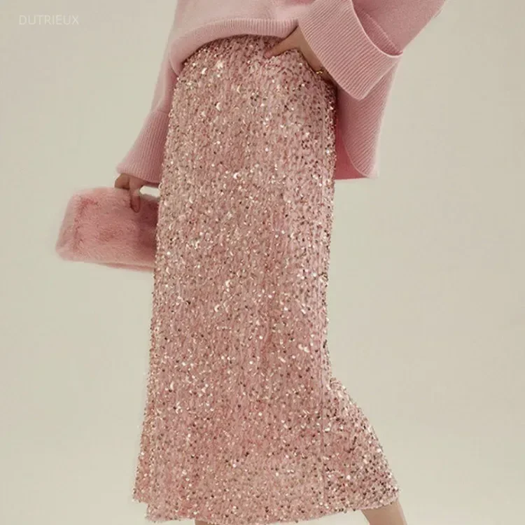 Oversize Vintage Sparkling Sequin Skirt For Women Y2k High Waist Bodycon Skirts 2026 Early Spring New All-match Faldas Mujer