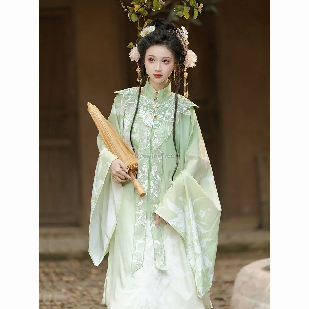 

2025 chinese ancient ming dynasty hanfu women's new daily elegant style cloud shoulder big sleeve blouse long pleaed skirt set