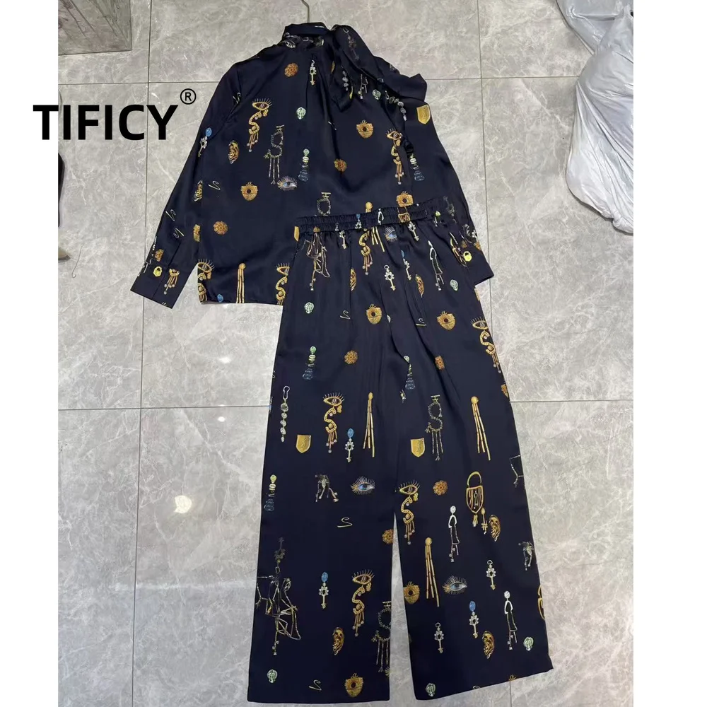 High Street 2pcs Set Women's Metal Buckle Decorative Printed Lace Up Shirt+printed Pants Casual Two-piece Set