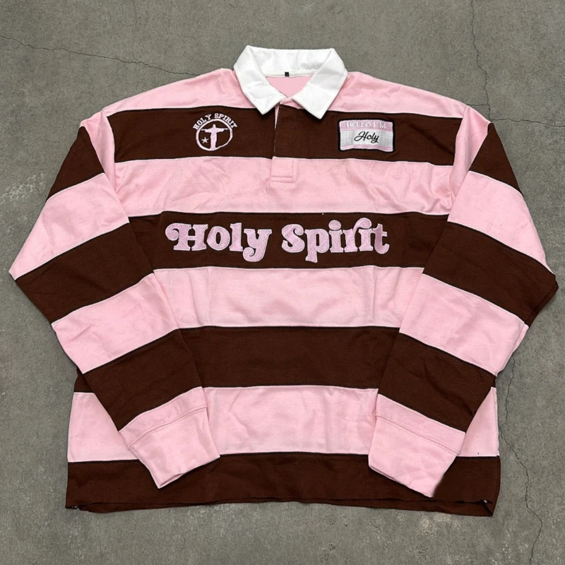 2025 T-shirt a maniche lunghe ricamata con lettera stile street retrò T-shirt a righe con lettera ricamata