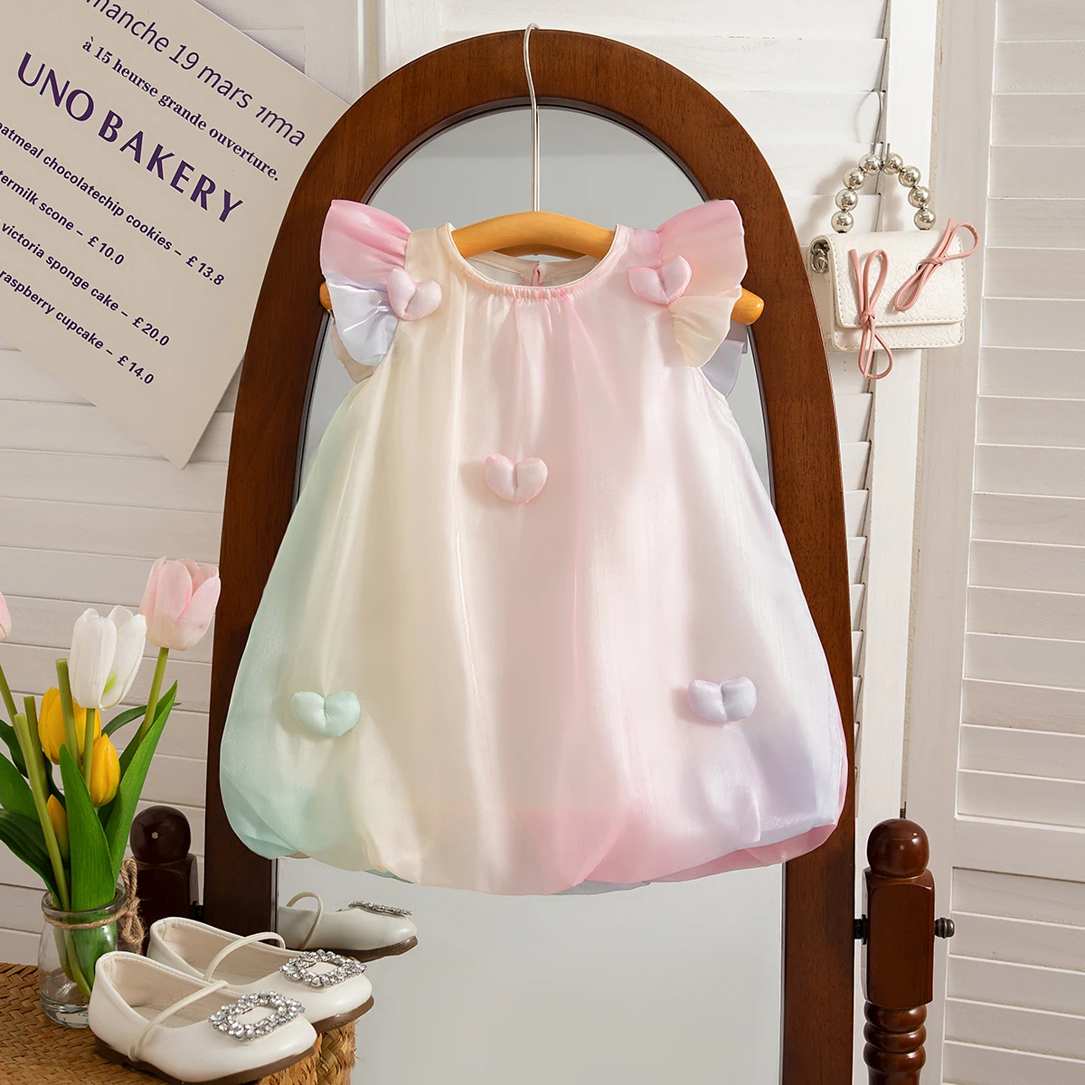 Baby Girl Dress Small Flying Sleeved Rainbow Color Chiffon Dress Kids Clothes for 0-2 Years Old