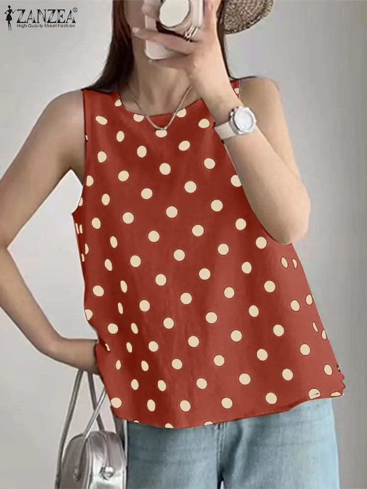 ZANZEA Summer Polka Dots Tanks Women 2024 Casual Loose O Neck Sleeveless Tees Tops Leisure Holiday Elegant Korean Blusas Mujer