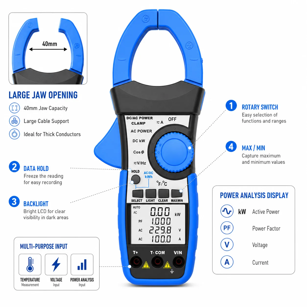 1000A AC/DC True RMS Clamp Meter Power Analyzer, Digital Clamp Multimeter kW kWh PF Voltage Current Hz Temperature Tester