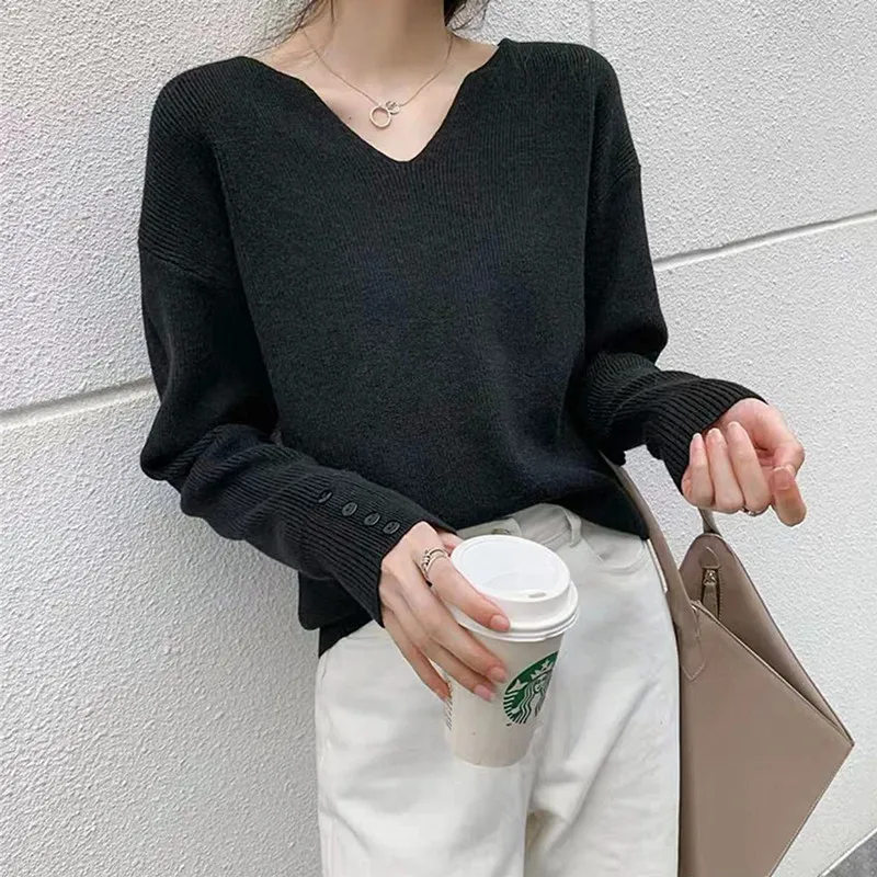 

Элегантный трикотаж с v-образным вырезом и длинными рукавами, женская одежда, весенне-осенний пуловер, свитер, базовая одежда, вязаные топы, женский джемпер