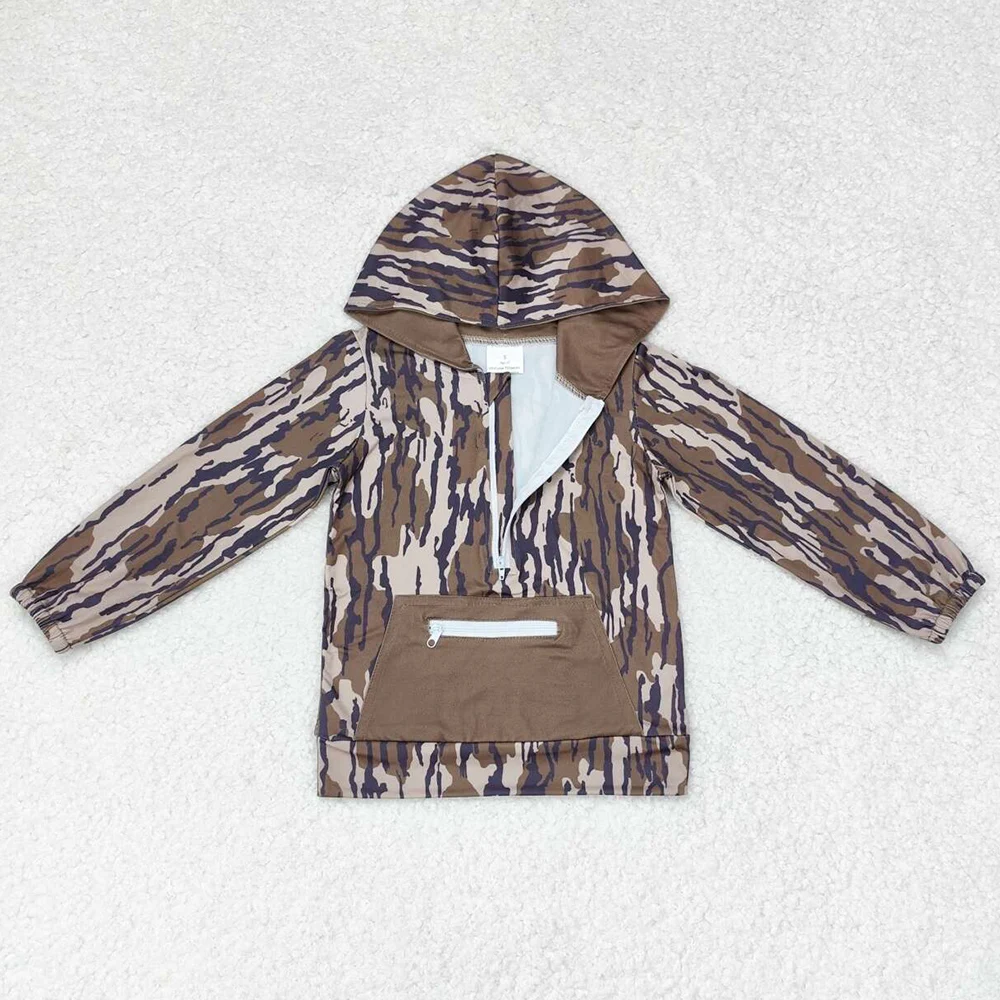 Hot Sale Kids Designer Clothes Boys Dark Green Camo Hooded Zip Pocket Fall Pullovers Tops Boutique Baby Boys Clothes Hoodies Top