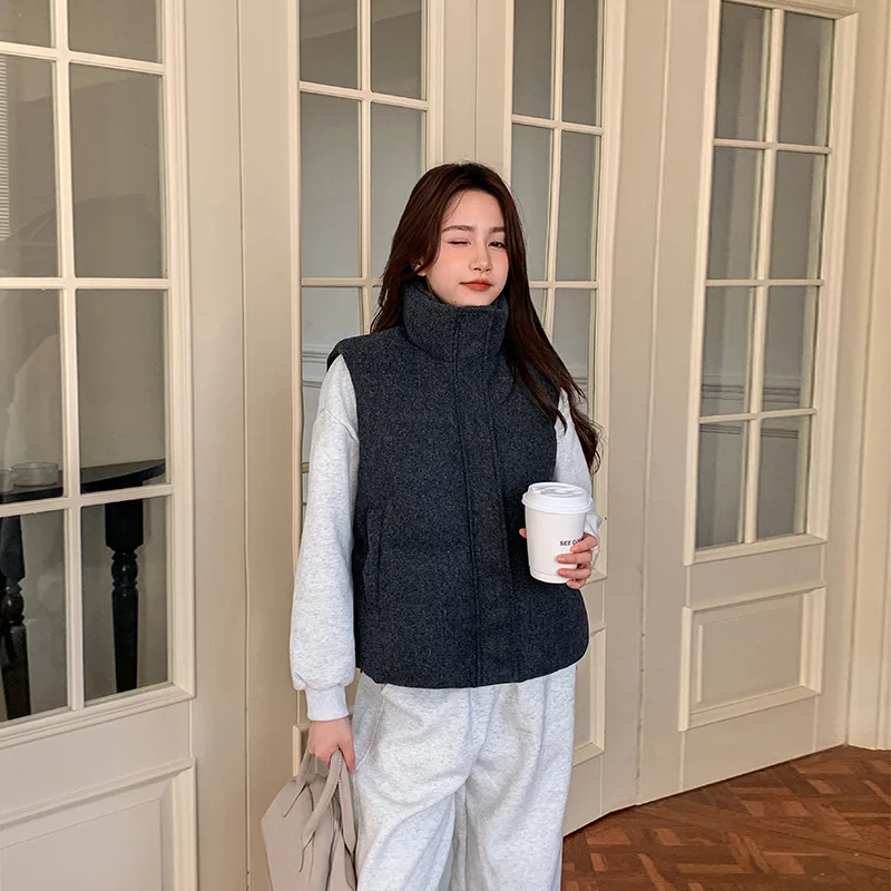 2025 Autumn and Winter New Gray Woolen High-end Sense Thin Thickened Down Cotton Clothes Women's Vest Fashion Outer Vest
