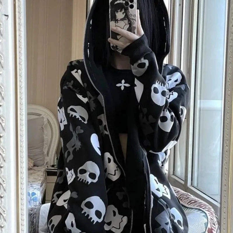 Dark Gothic Y2k Sweatshirt Women Harajuku Cyber Punk Long Sleeve Zipper Cardigan Hoodie 2024 Emo Streetwear Rave Outfits