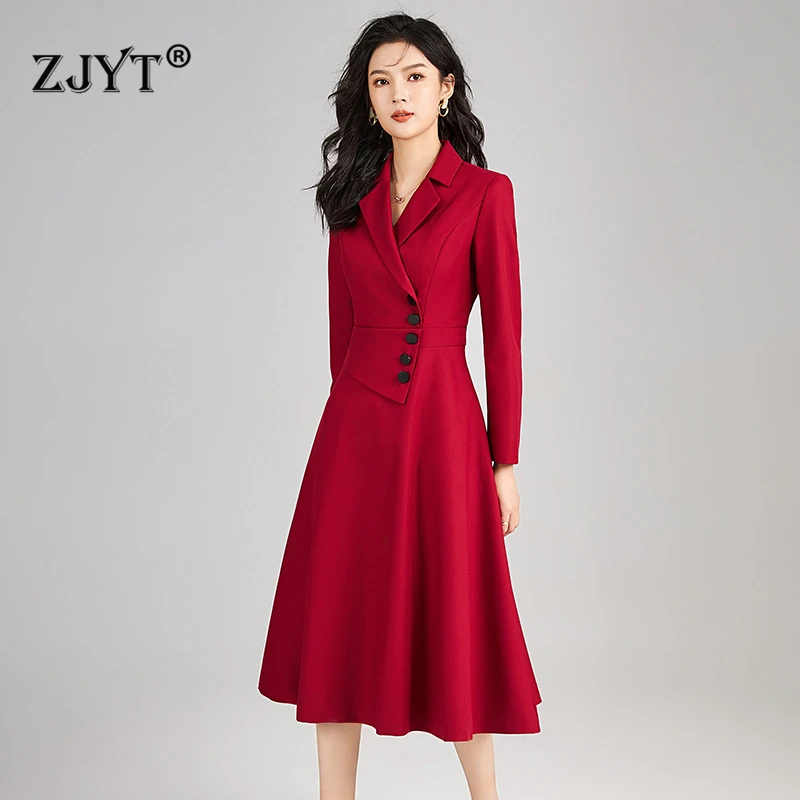 ZJYT-Elegante Vestido Blazer Midi de Escritório Feminino, Manga Comprida, Chique Vestido de Negócios, Vermelho, Festa, Aline, Designer, Primavera