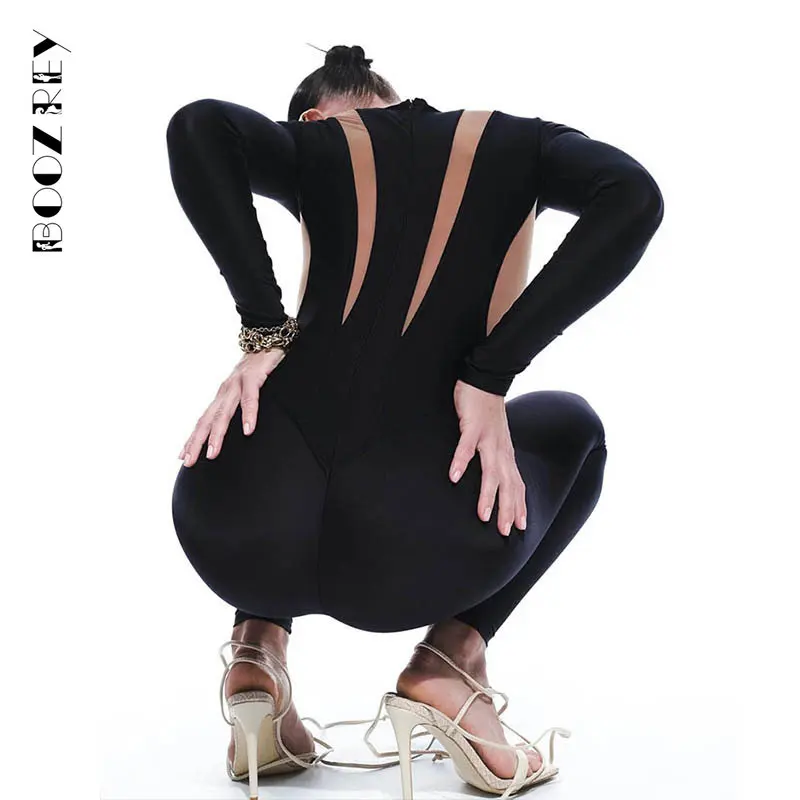 BoozRey See Through High Waist Streetwear Jumpsuits Female Overalls O-neck Long Sleeve Skinny Rompers Women Jumpsuit Sexy Outfit