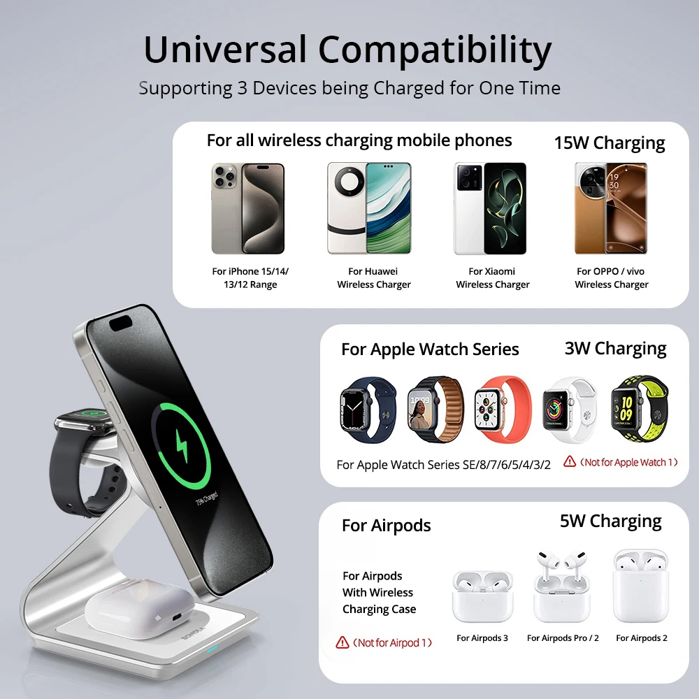 Bonola Magnetic 3 in 1 Charger Metal Stand for iPhone 13/14/15 Pro Fast Wireless Charging Desk Holder for Apple Watch/AirPods