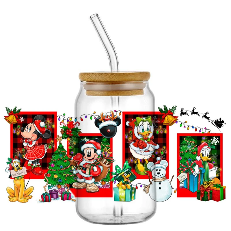 Miniso Xmas Cartoon Pattern UV DTF Cup Wrap for 16oz Libbey DIY Mikey Mouse Decal Washable Self-adhesive DIY Transfer Sticker