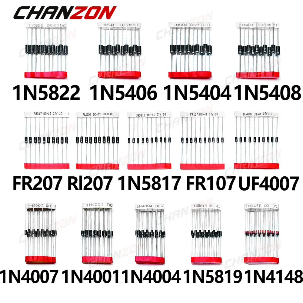 14 Values Fast Switching Schottky Diode Assorted Kit 1N4001 1N4004 1N4007 1N5408 UF4007 FR207 1N5817 1N5819 1N5822 1N4148 RL207