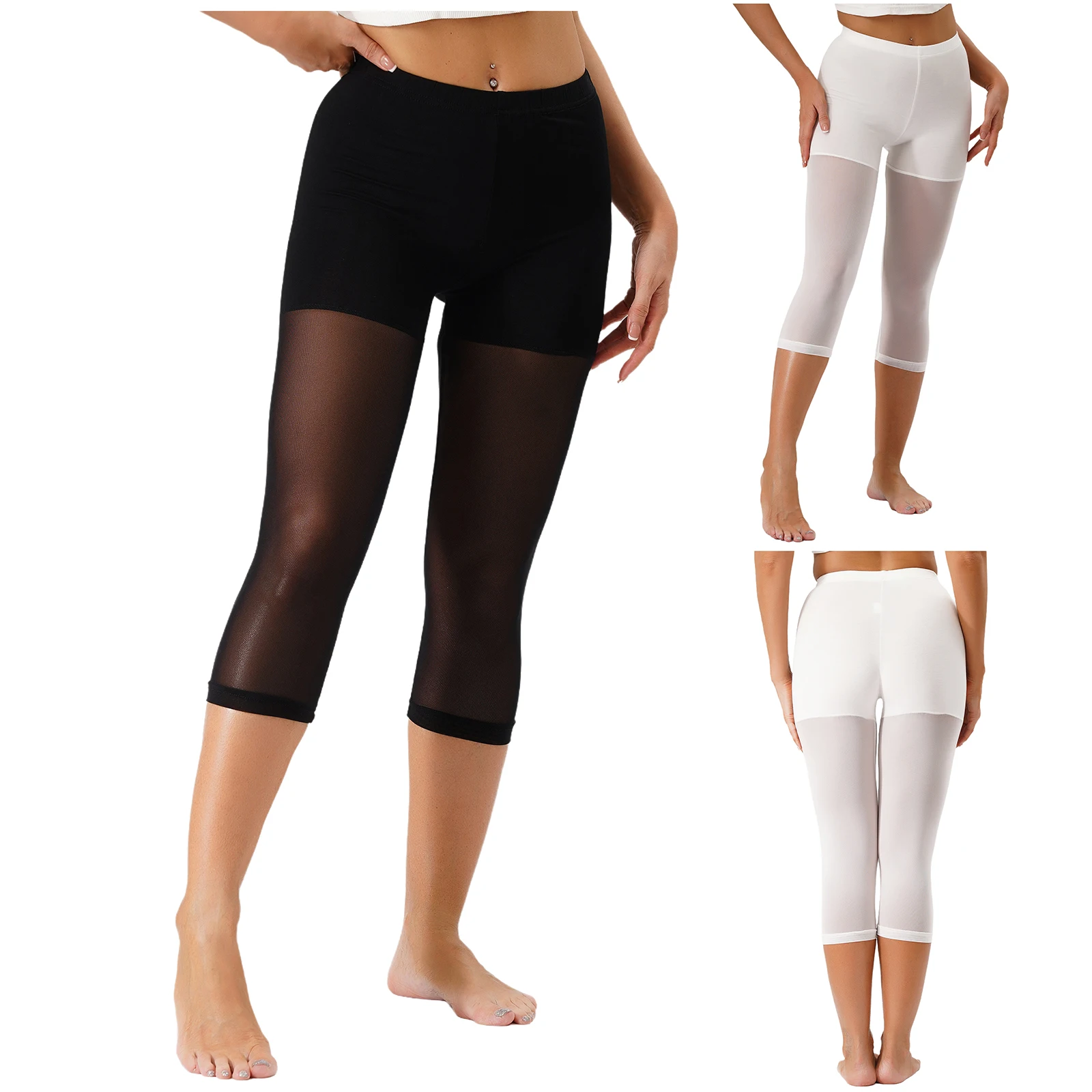Pantaloni da donna al ginocchio in vita elastica tinta unita Patchwork Leggings in rete trasparente Legging anti-esposizione per allenamento Yoga Sport