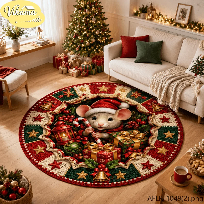 VIKAMA Snow & Bow Christmas Flannel Patchwork Round Rug, Non-Slip Washable Xmas Mat for Living Room Bedroom Nursery Kids Room