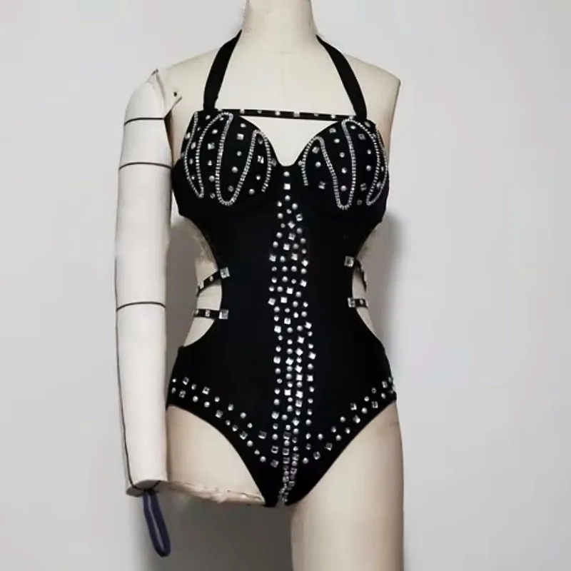 

Sexy Nightclub DJ Gogo Dance Costume Red Black Rhinestones Backless Bandage Bodysuit Women Pole Dancing Leotard Show Rave Outfit