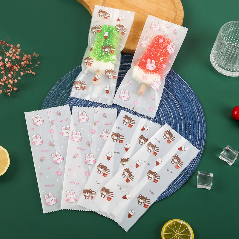 New 50pcs Food Grade Ice Cream Bags Disposable Plastic Popsicle Protective Cover Storage Cartoon Ice Popsicle Packing Bag DIY