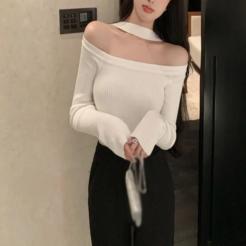 Women\'s Halter Neck Backless Slim Sweater Off Shoulder Knit Long Sleeve Tops Basic T Shirts