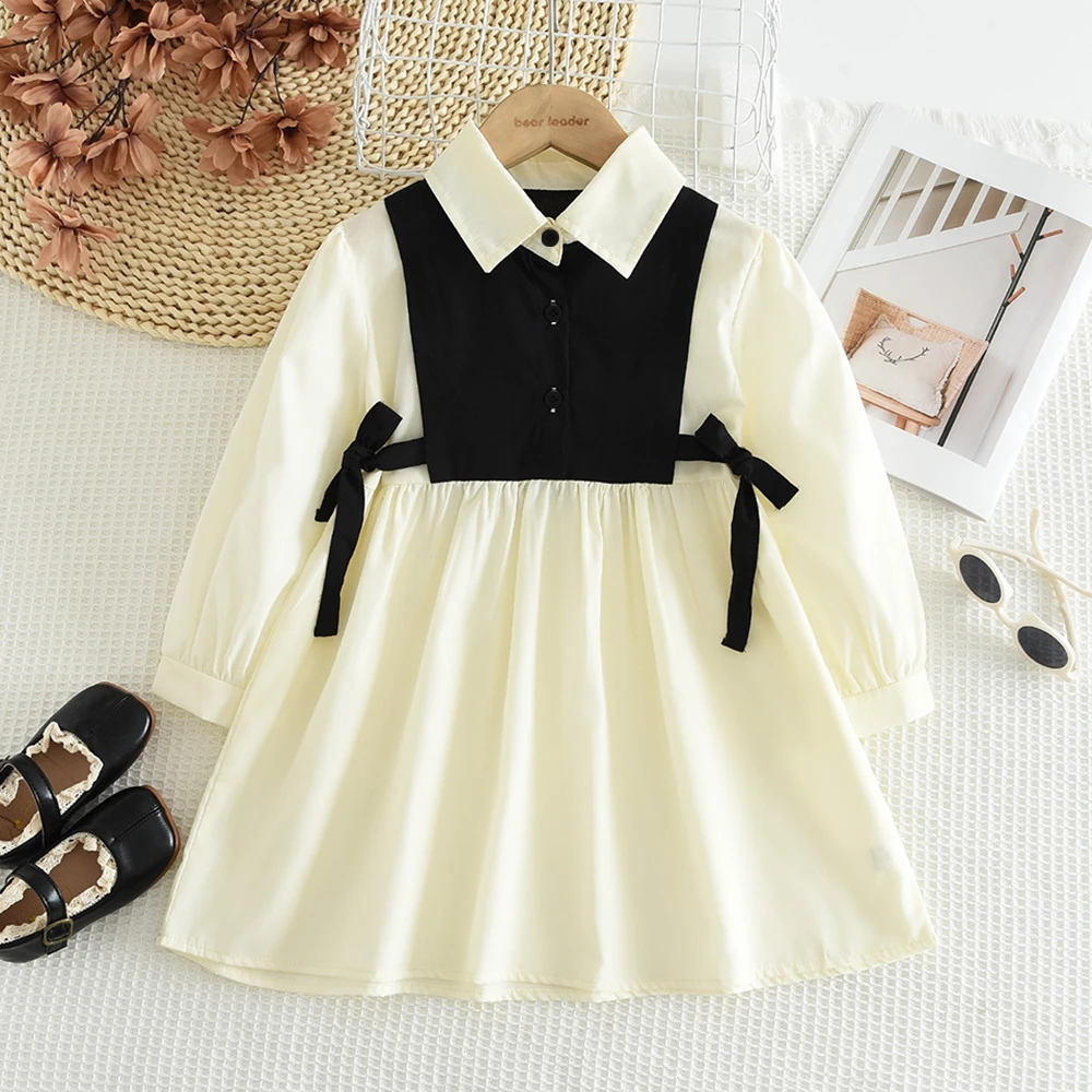 3 To 7 Years Old Autumn Long Sleeved Color Blocked Lapel Button Dress Kids Dresses for Girls Spring Casual Children's Clothing