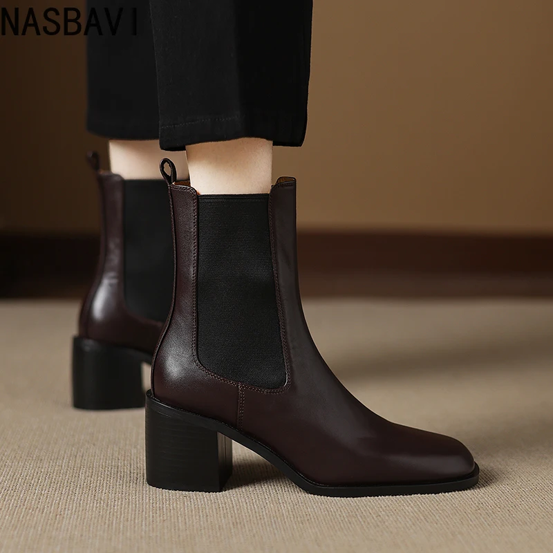

NASBAVI 2026 Women Ankle Boots Autumn High Heels Square Toe Cow Leather Buckle Shoes Casual Winter Motorcycle Short Boots 34-42