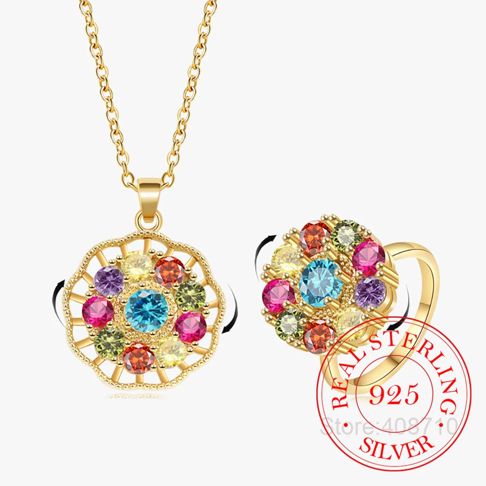 925 Sterling Silver Jewelry Crystal Colorful Flower Rotating Jewelry Set 2pcs Ring Necklace for Women Wedding Party Jewelry Gift