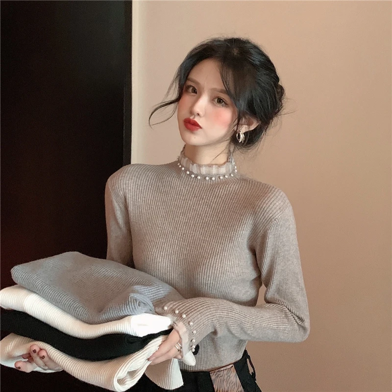 

2023 Autumn Winter Women Sweet Mesh Lace Knitted Pullovers Slim Beading Sweater Ladies Long Sleeve Bottoming Knitwear Short Tops