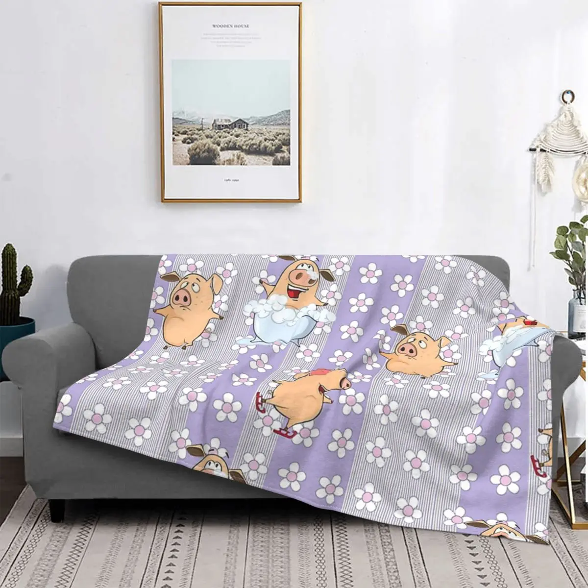 Pig Skating Bathing Flower Blanket Pig Fleece Flannel Summer Super Warm Thin Throw Blankets For Office Plush Thin Quilt